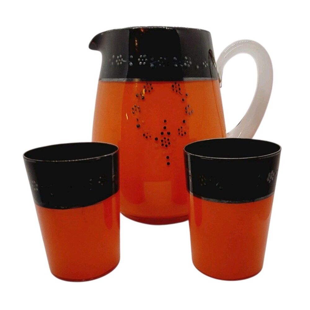 Art Deco Orangle Black Glass Pitcher 2 Glasses Tumblers Enamel Gold Dot 1930s